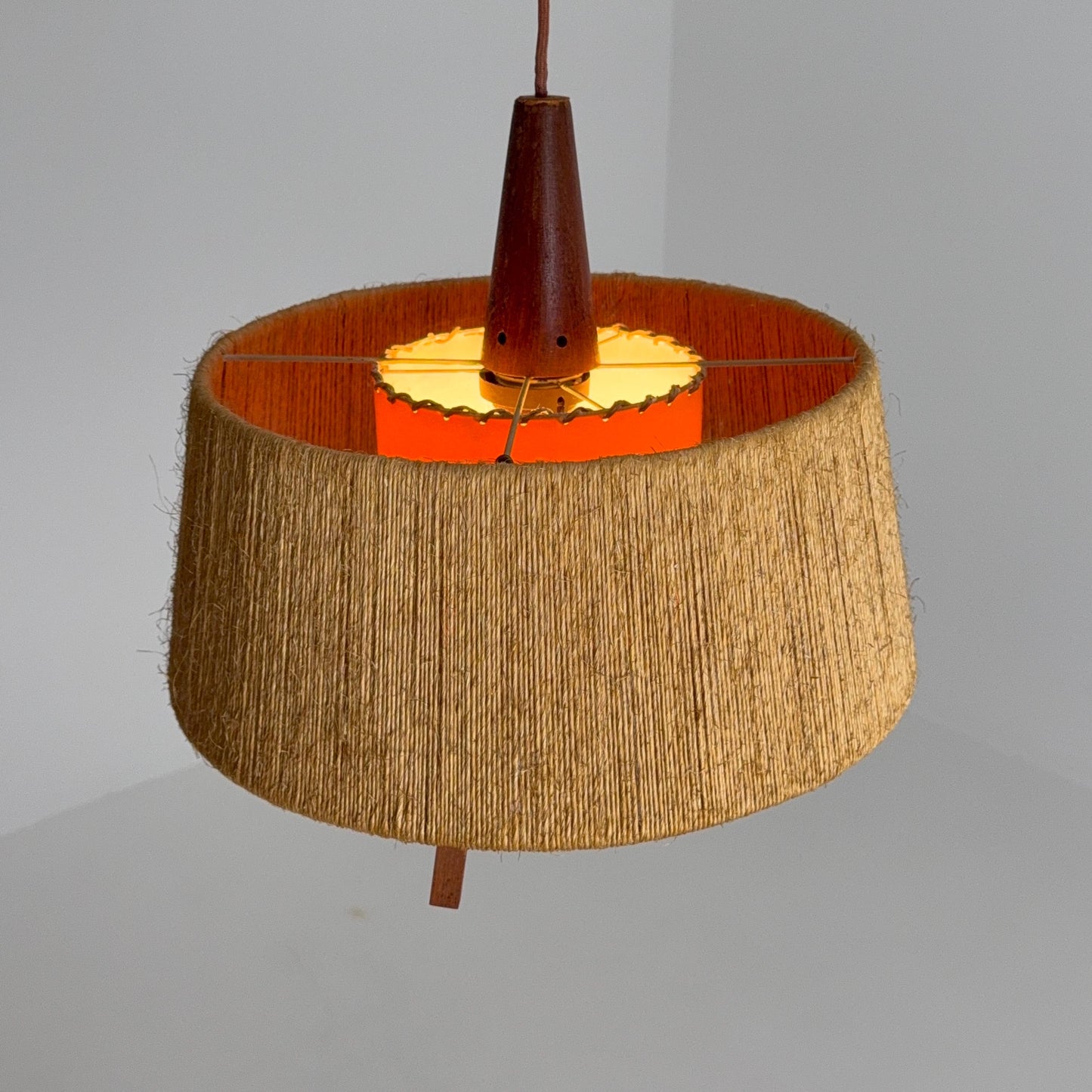 Mid Century Sisal Teak Pendant Lamp by Temde Leuchten, 1960s
