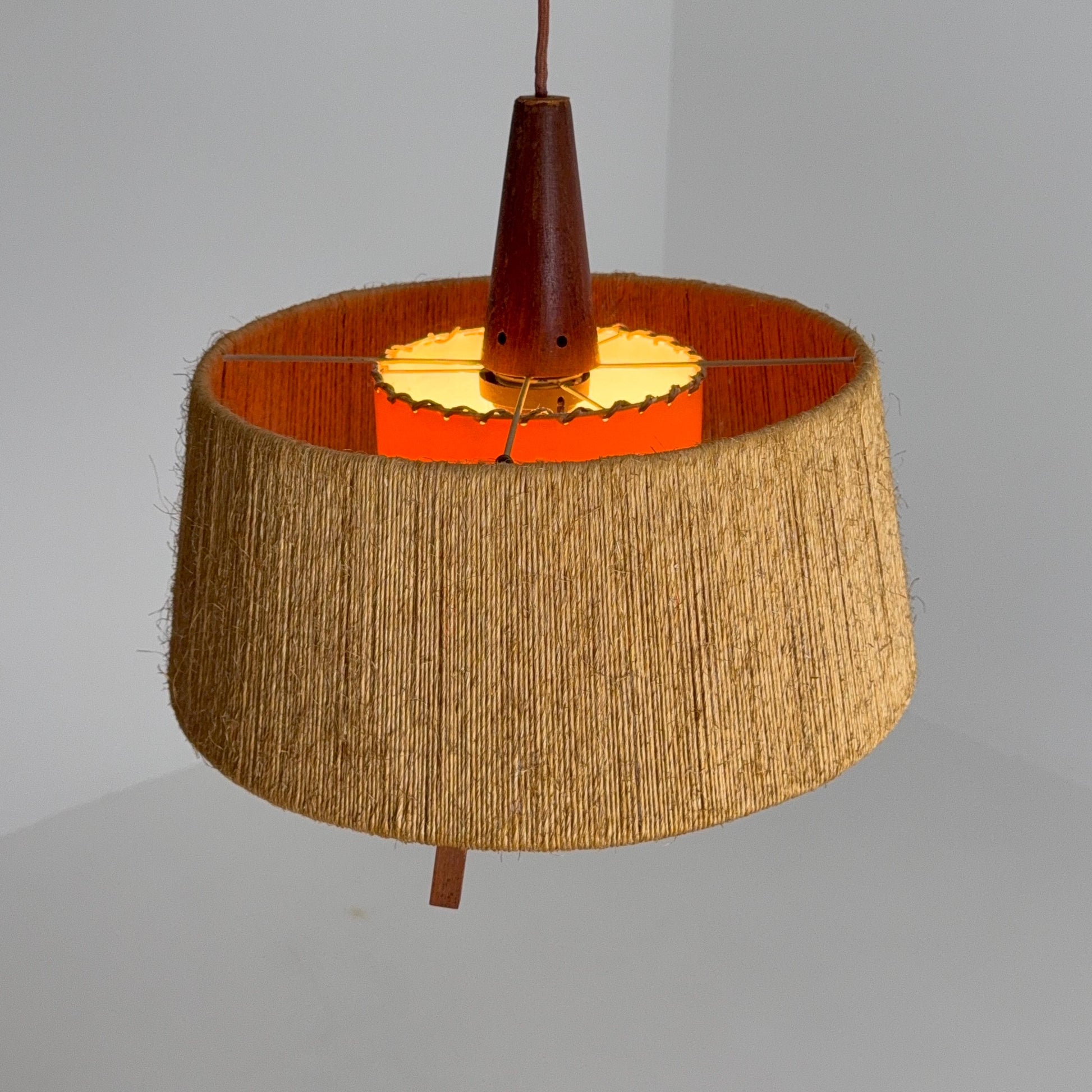 Mid Century Sisal Teak Pendant Lamp by Temde Leuchten, 1960s