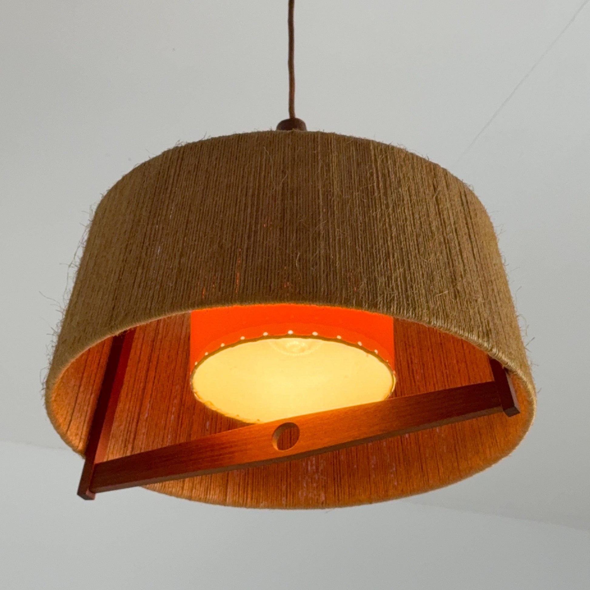 Mid Century Sisal Teak Pendant Lamp by Temde Leuchten, 1960s