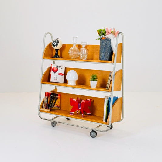 Rare Mid-Century Industrial Library Bookcase – Lacquered Steel & Pine Shelves on Wheels Sweden 1960s