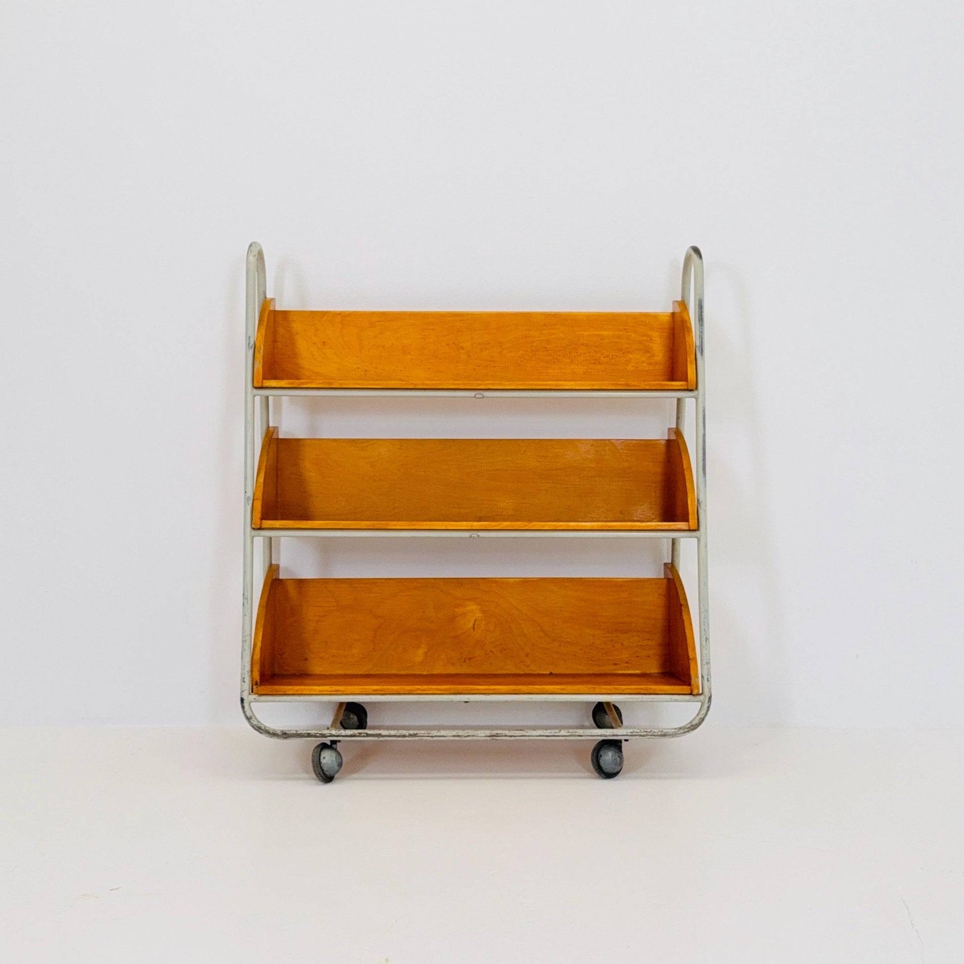 Rare Mid-Century Industrial Library Bookcase – Lacquered Steel & Pine Shelves on Wheels Sweden 1960s