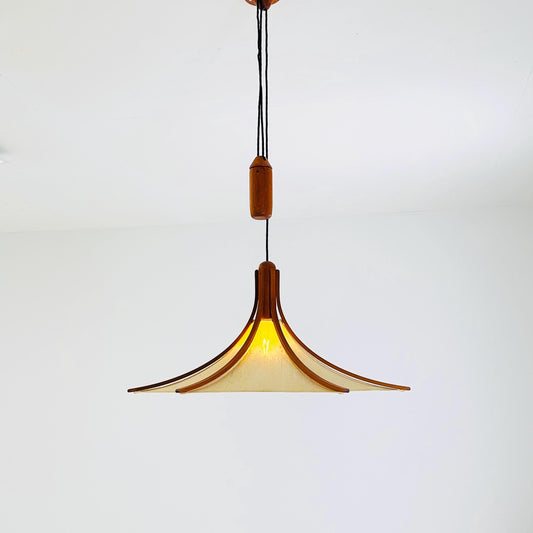 Mid century Wooden Pendant Light with Textile Shade by Domus Germany, 1970s