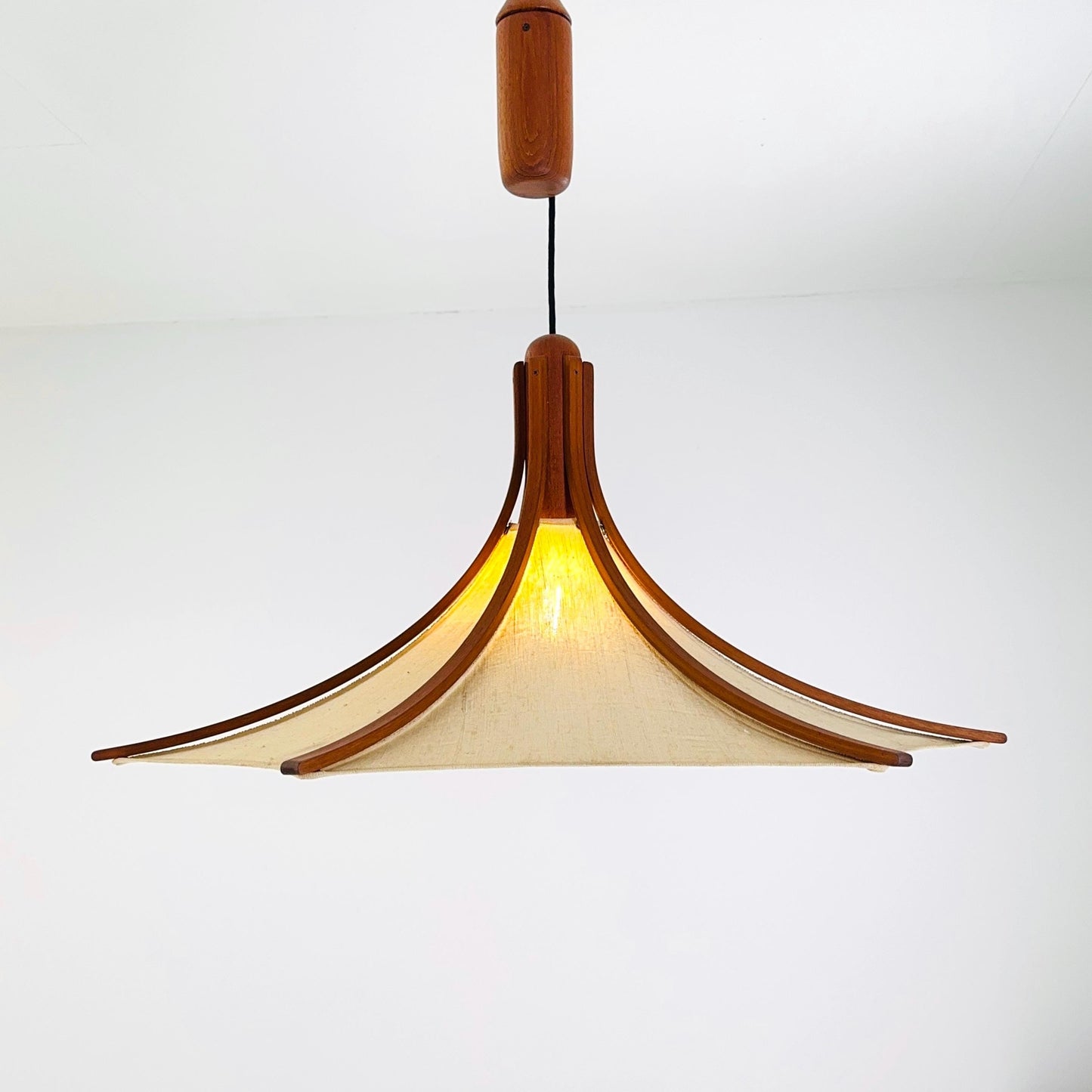 Mid century Wooden Pendant Light with Textile Shade by Domus Germany, 1970s