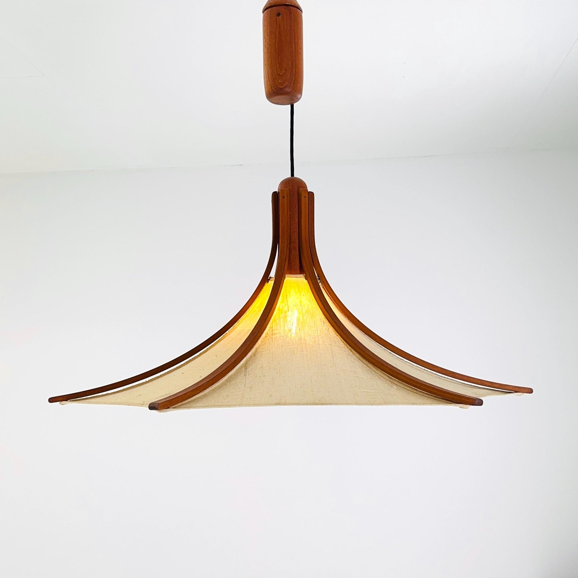 Mid century Wooden Pendant Light with Textile Shade by Domus Germany, 1970s