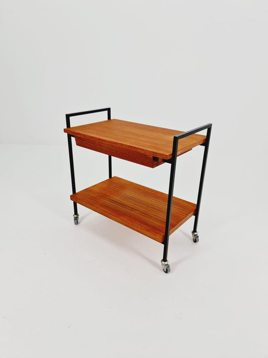 Vintage German mid century trolley bar cart in teak & metal, 1960s