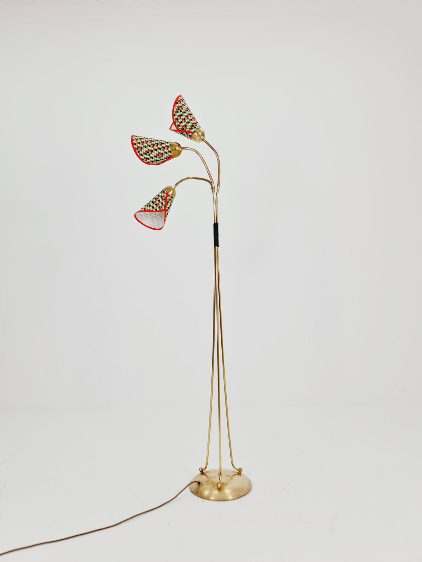 German Modern Colorful three flex arms brass floor lamp, tütenlampe, 1950s