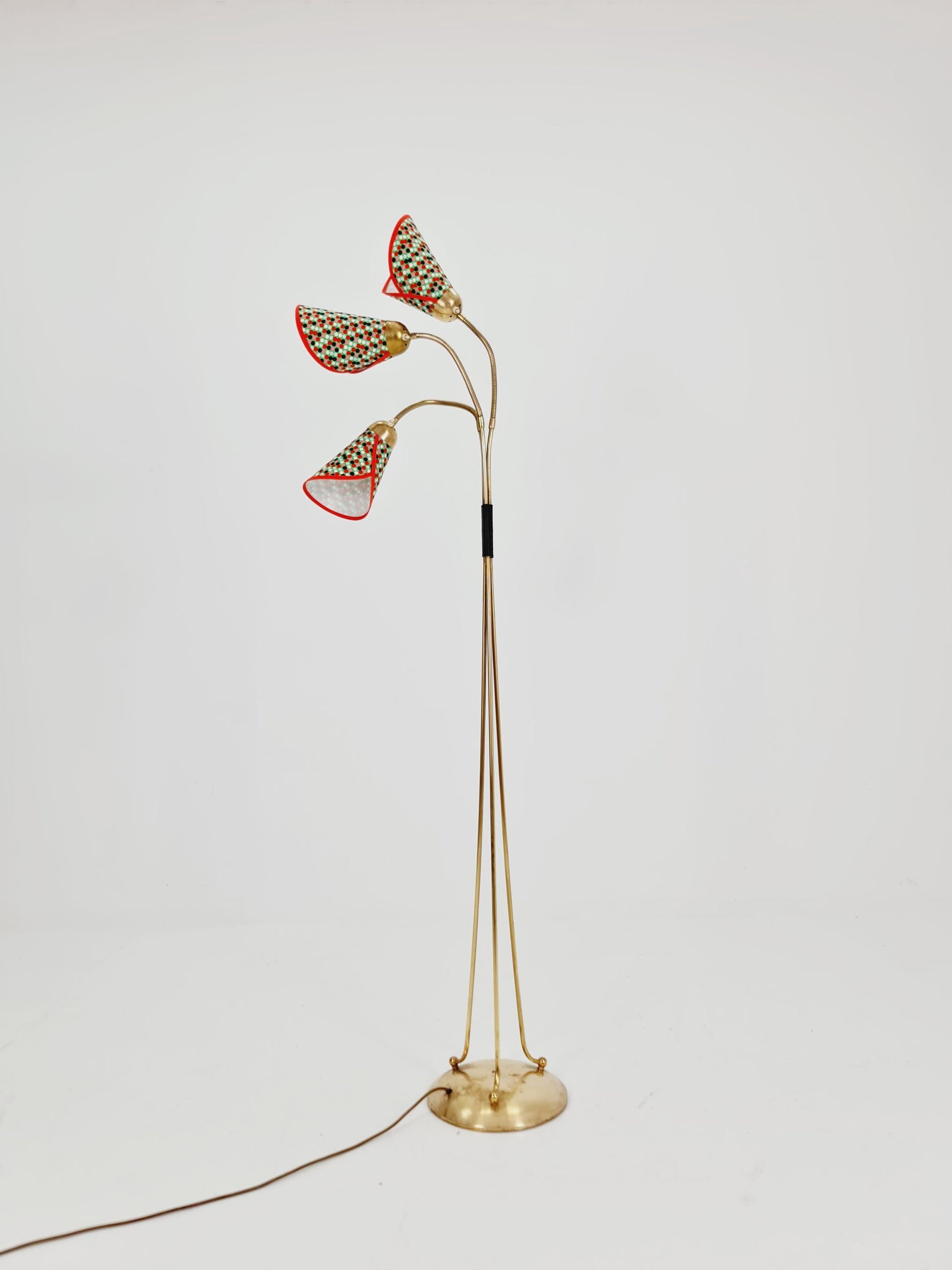 German Modern Colorful three flex arms brass floor lamp, tütenlampe, 1950s