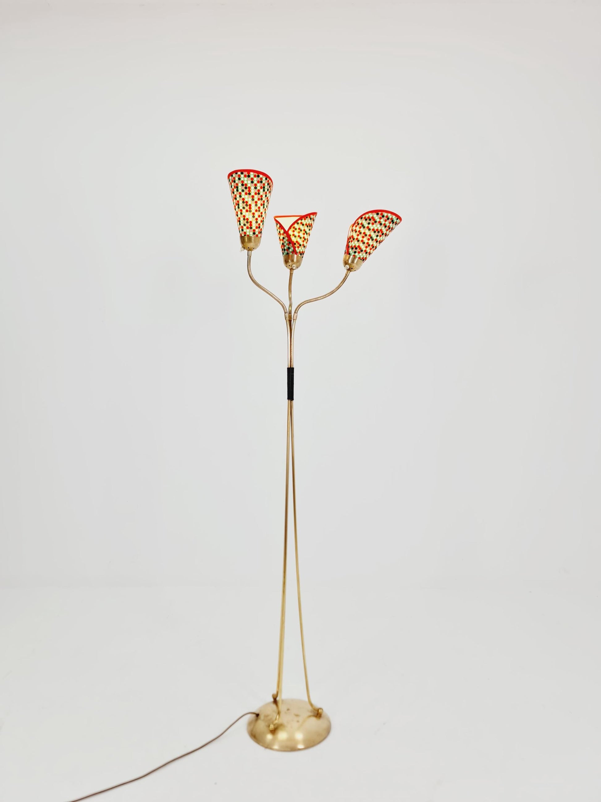 German Modern Colorful three flex arms brass floor lamp, tütenlampe, 1950s