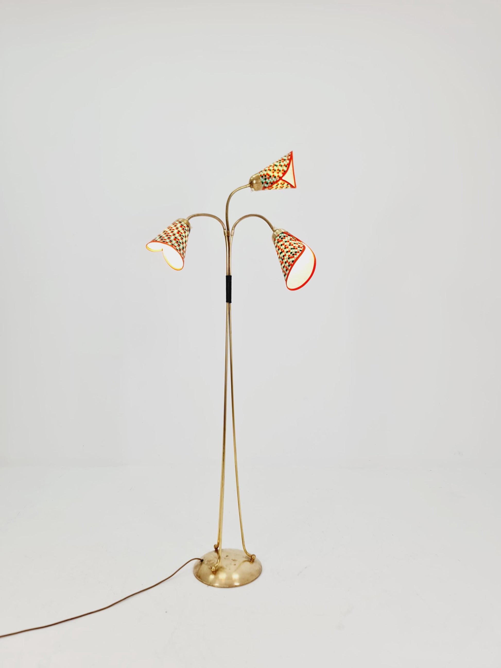 German Modern Colorful three flex arms brass floor lamp, tütenlampe, 1950s