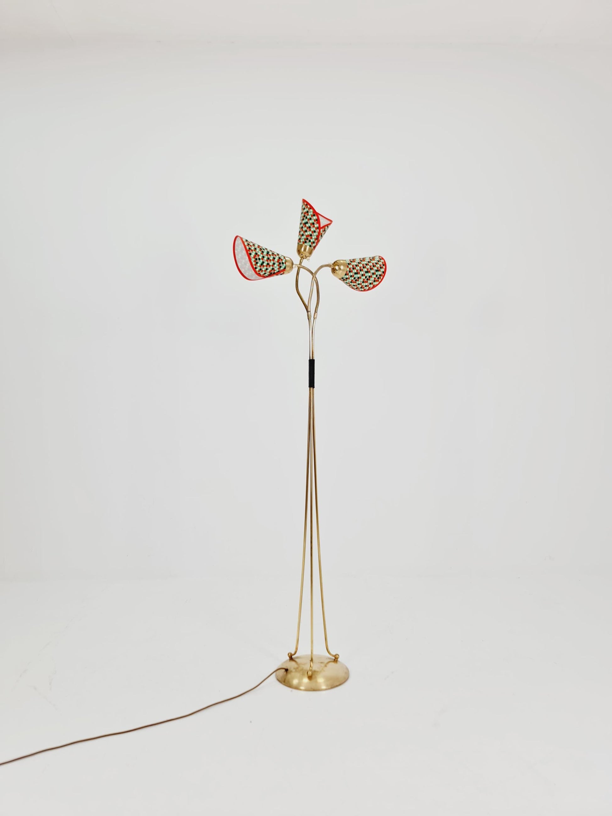 German Modern Colorful three flex arms brass floor lamp, tütenlampe, 1950s