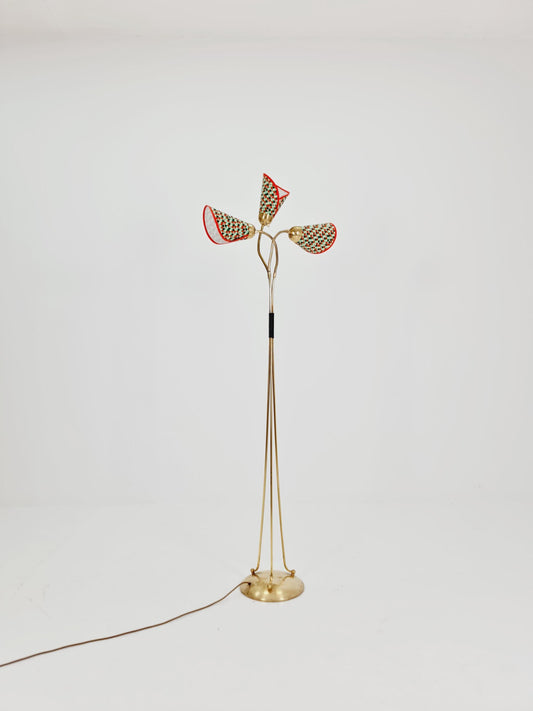 German Modern Colorful three flex arms brass floor lamp, tütenlampe, 1950s