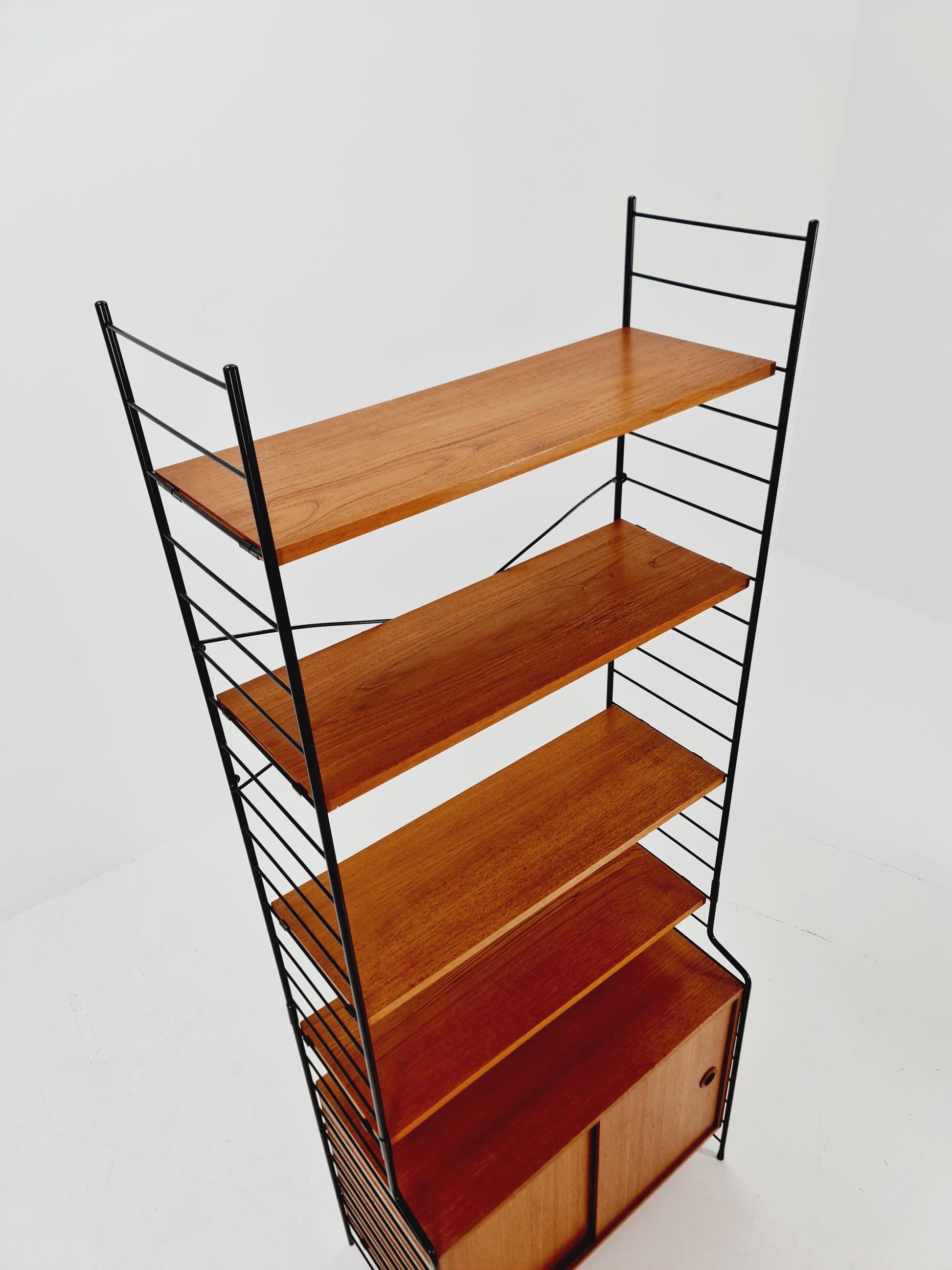 Free standing String shelf-system, bookcase with cabinet teak by WHB Germany, 1950s
