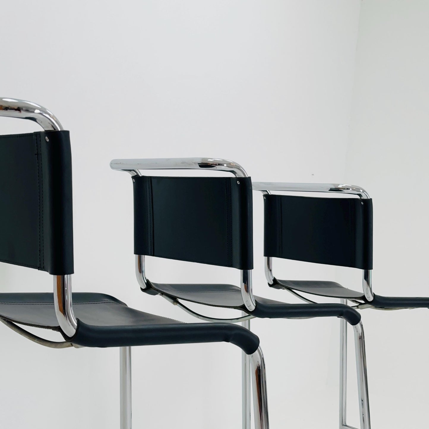 Set of 4 Bauhaus S39 L Bar Stools by Mart Stam for Thonet – Black Vegetal Leather & Chrome – 1970s Germany