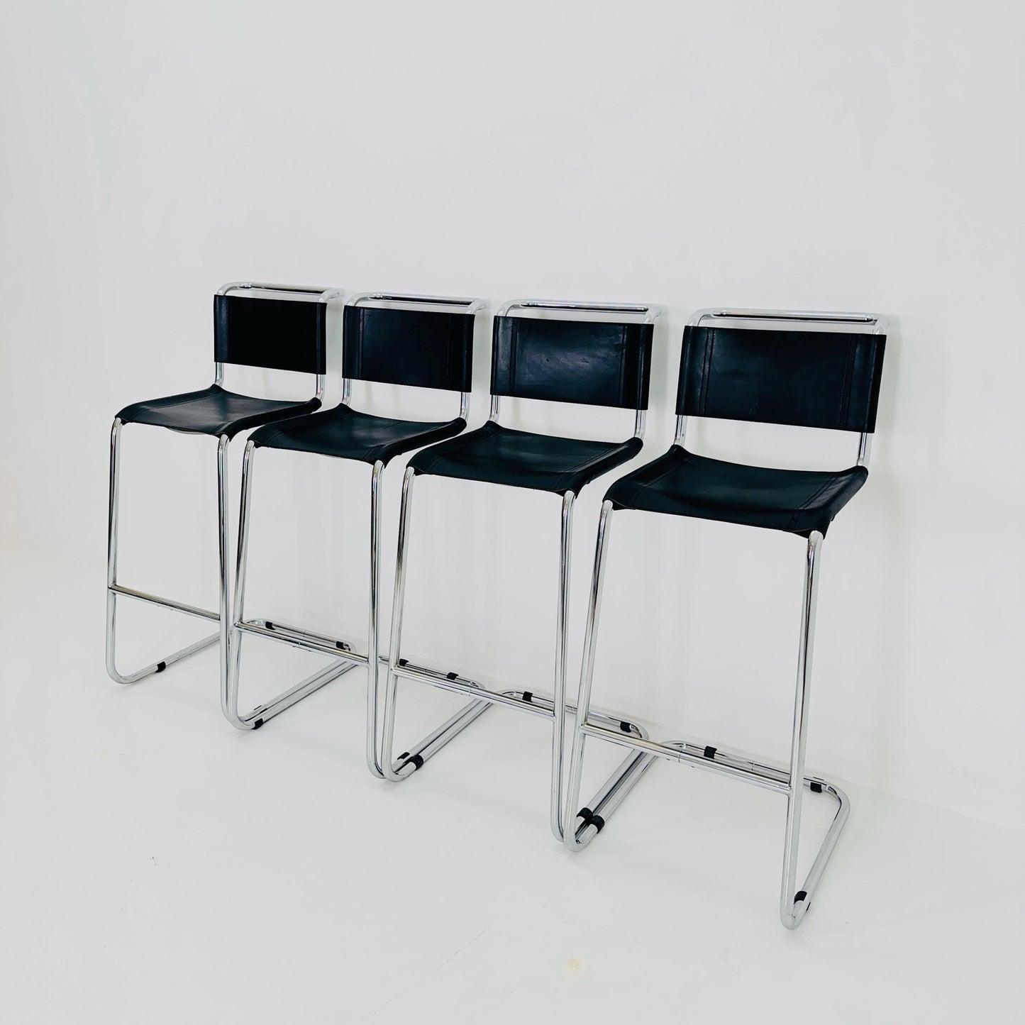 Set of 4 Bauhaus S39 L Bar Stools by Mart Stam for Thonet – Black Vegetal Leather & Chrome – 1970s Germany
