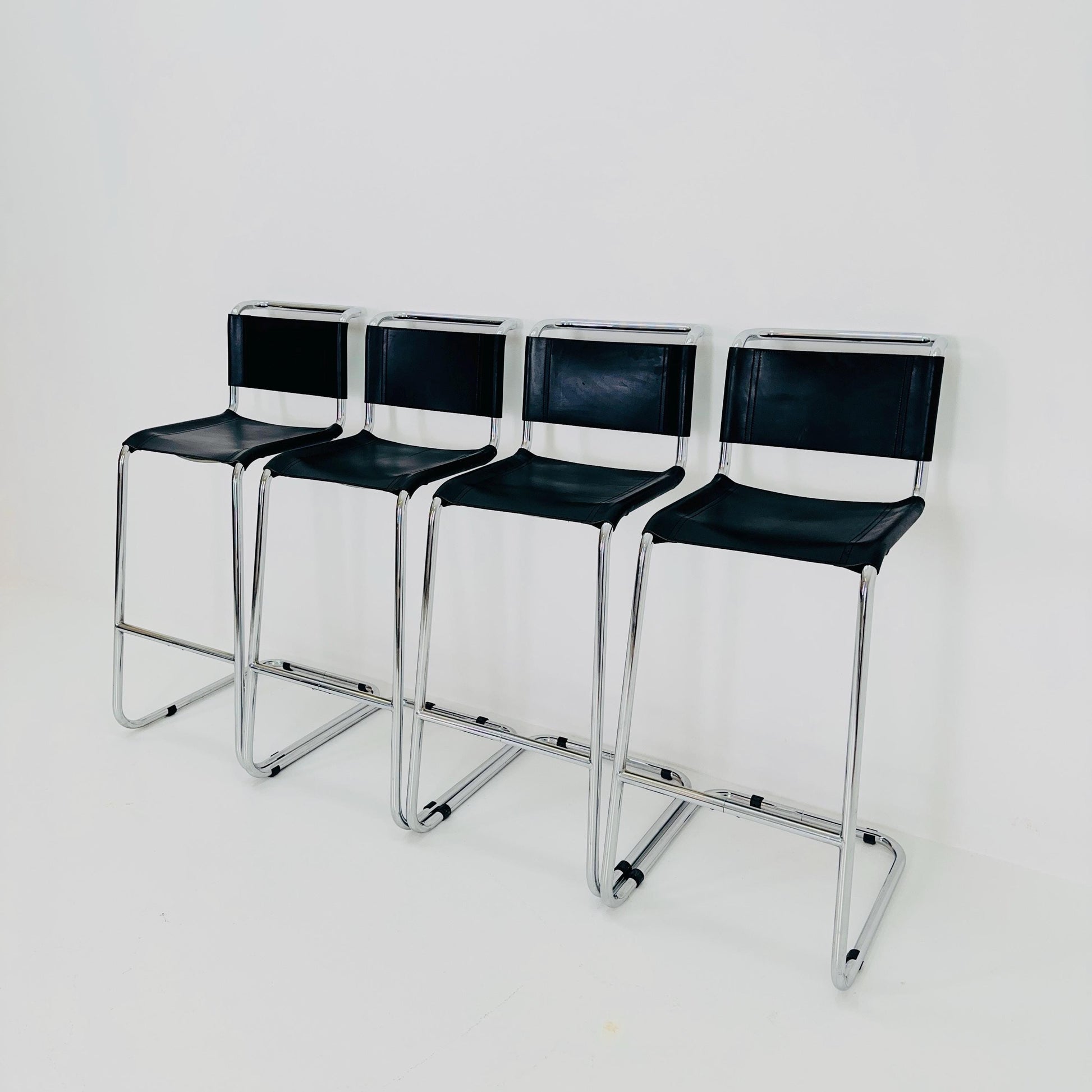 Set of 4 Bauhaus S39 L Bar Stools by Mart Stam for Thonet – Black Vegetal Leather & Chrome – 1970s Germany