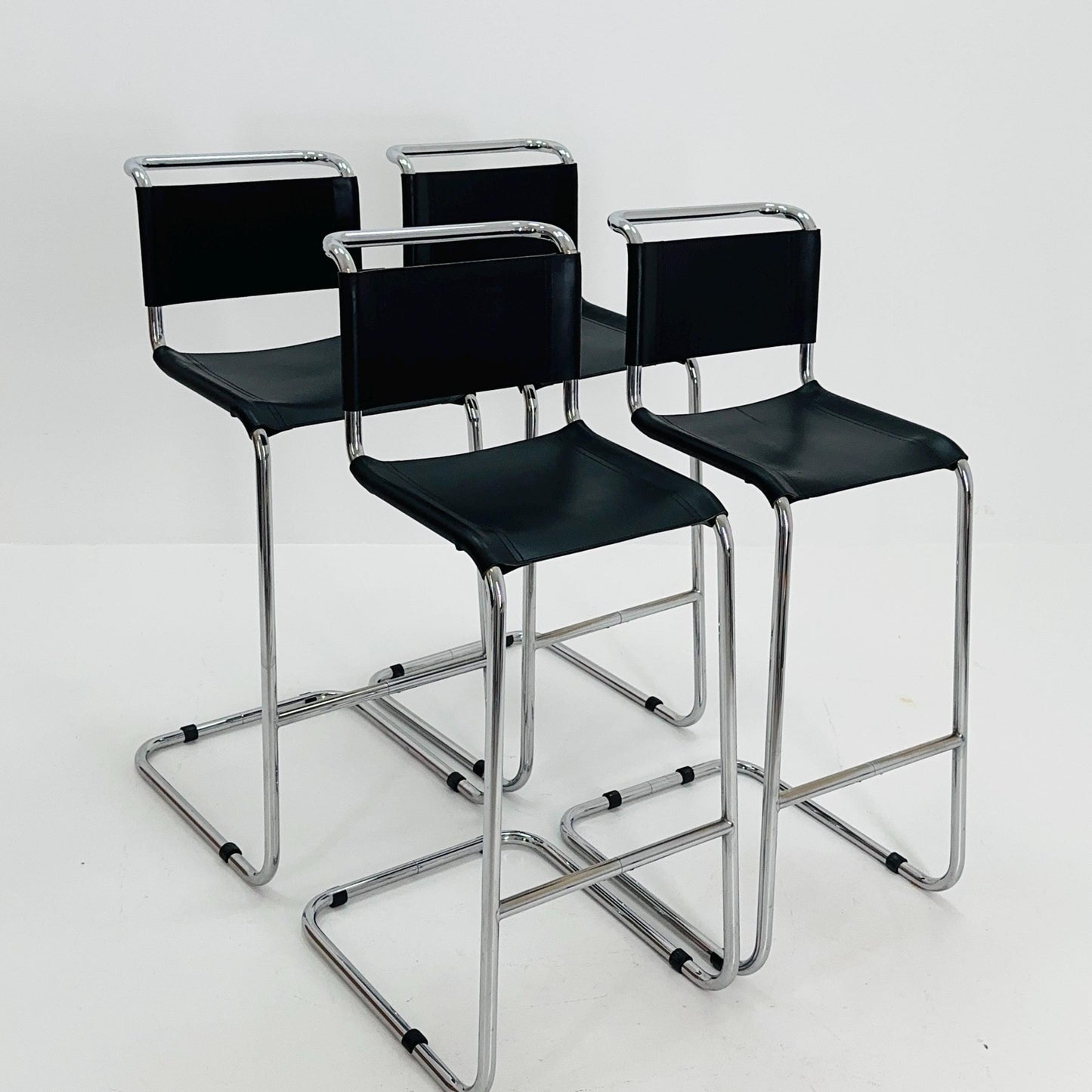 Set of 4 Bauhaus S39 L Bar Stools by Mart Stam for Thonet – Black Vegetal Leather & Chrome – 1970s Germany