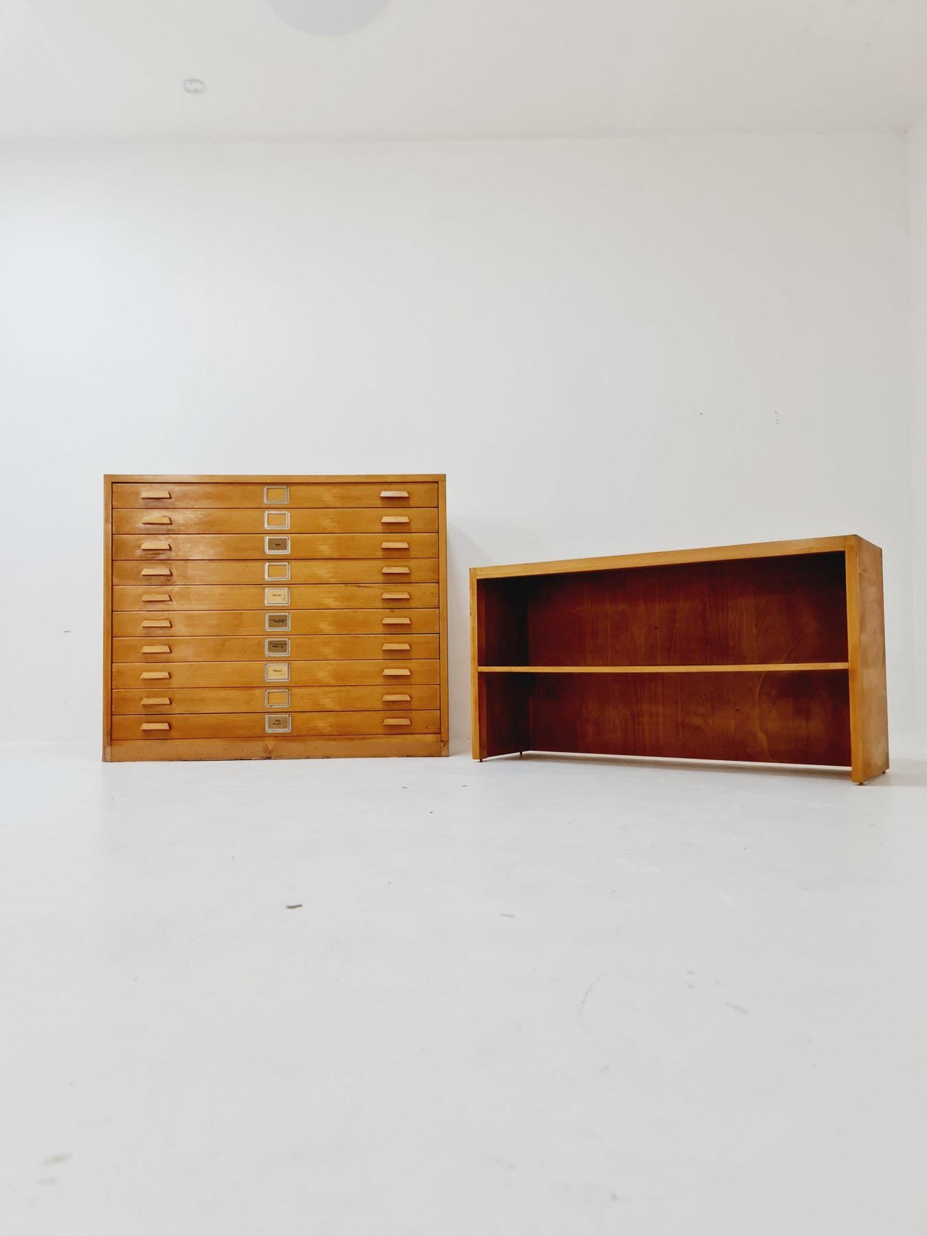 Rare Mid-Century Bauhaus Oak Flat File Cabinet – Large Architect’s Plans Organizer with Bookshelves – Germany 1950s