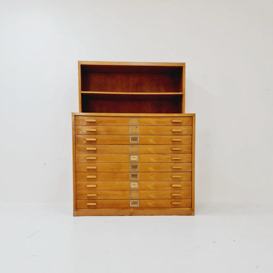 Rare Mid-Century Bauhaus Oak Flat File Cabinet – Large Architect’s Plans Organizer with Bookshelves – Germany 1950s