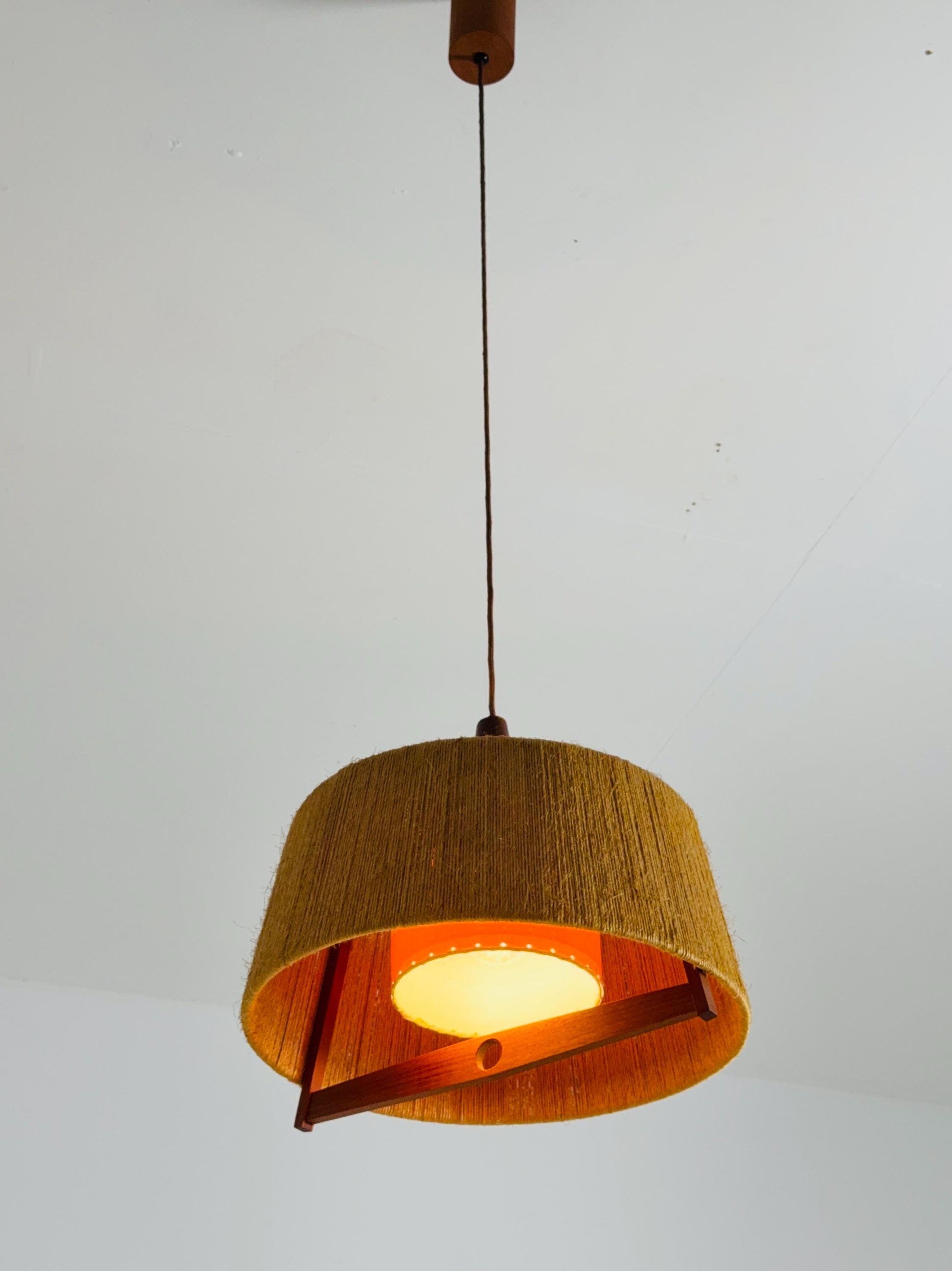 Mid Century Sisal Teak Pendant Lamp by Temde Leuchten, 1960s