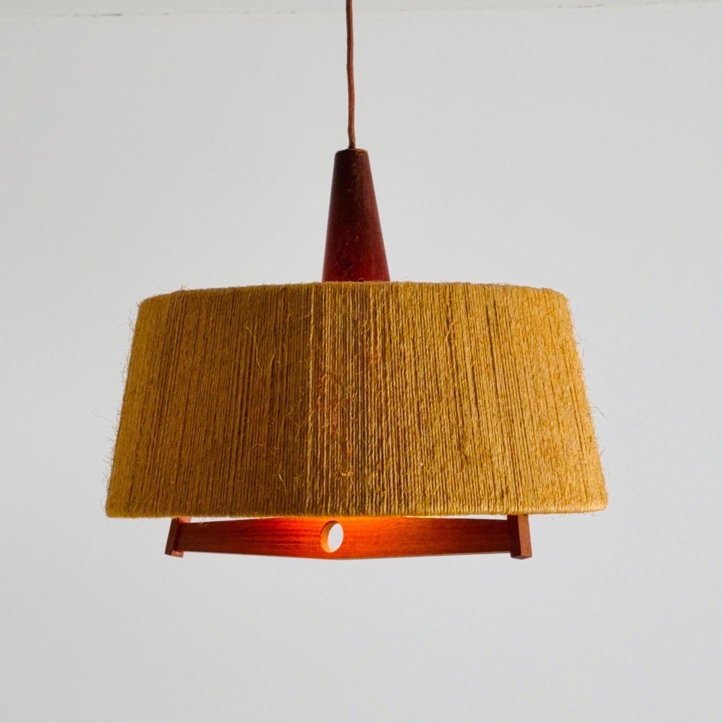 Mid Century Sisal Teak Pendant Lamp by Temde Leuchten, 1960s