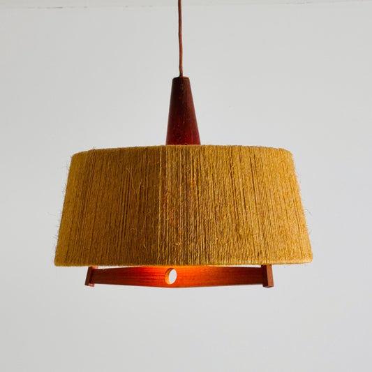Mid Century Sisal Teak Pendant Lamp by Temde Leuchten, 1960s