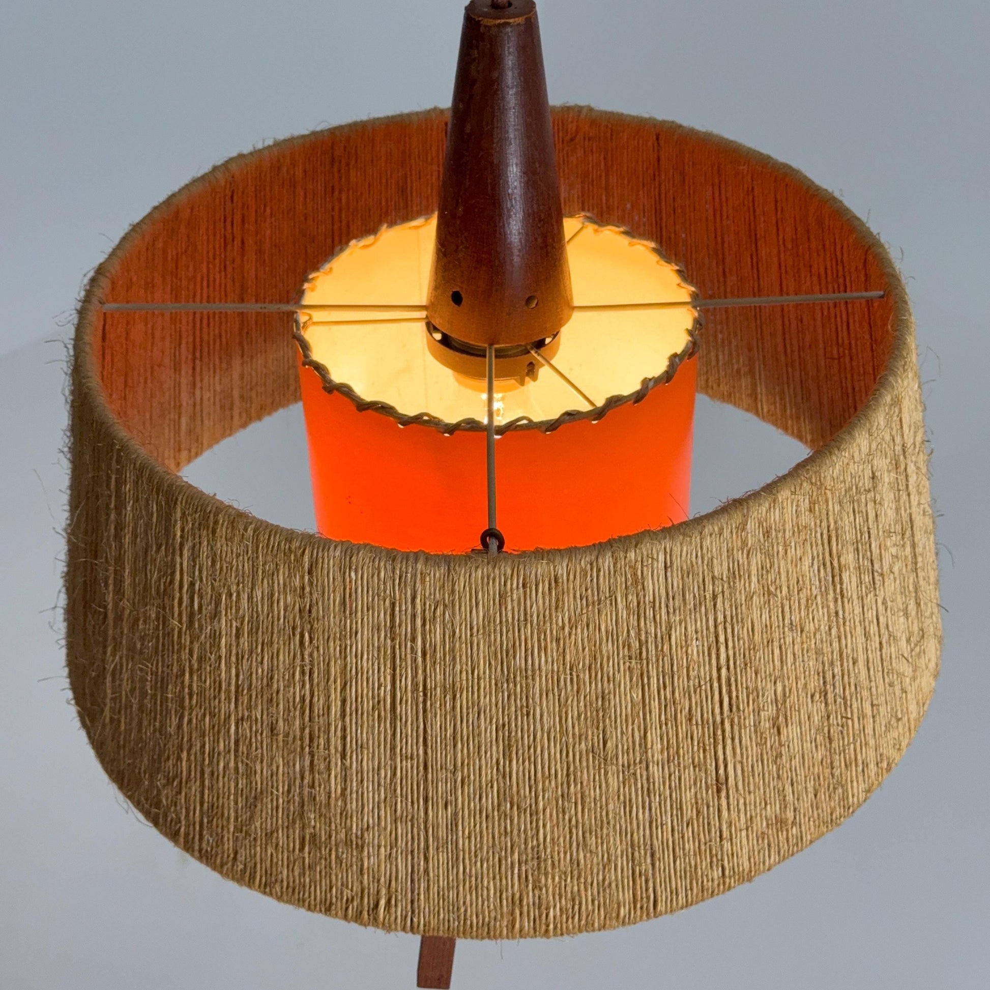Mid Century Sisal Teak Pendant Lamp by Temde Leuchten, 1960s