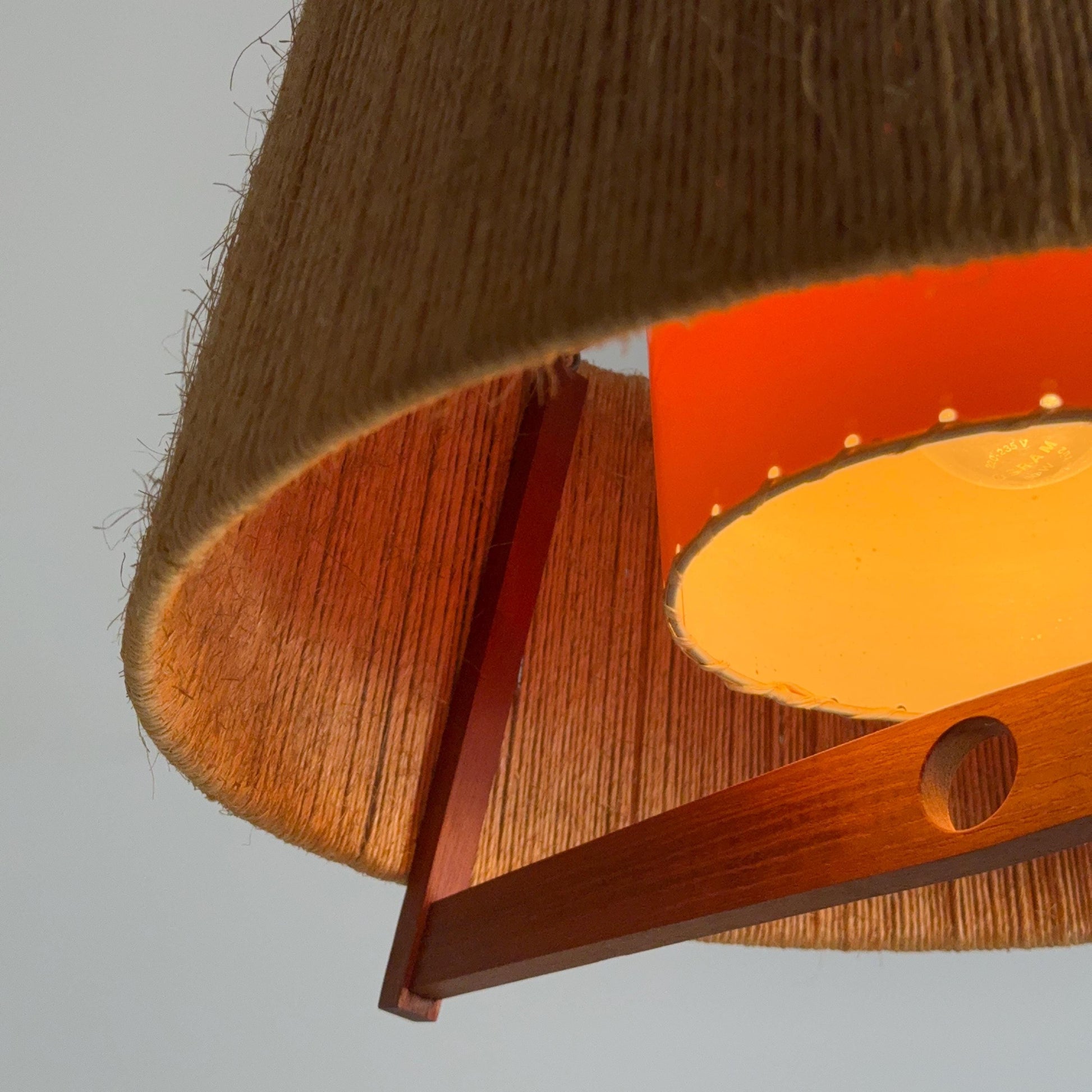Mid Century Sisal Teak Pendant Lamp by Temde Leuchten, 1960s
