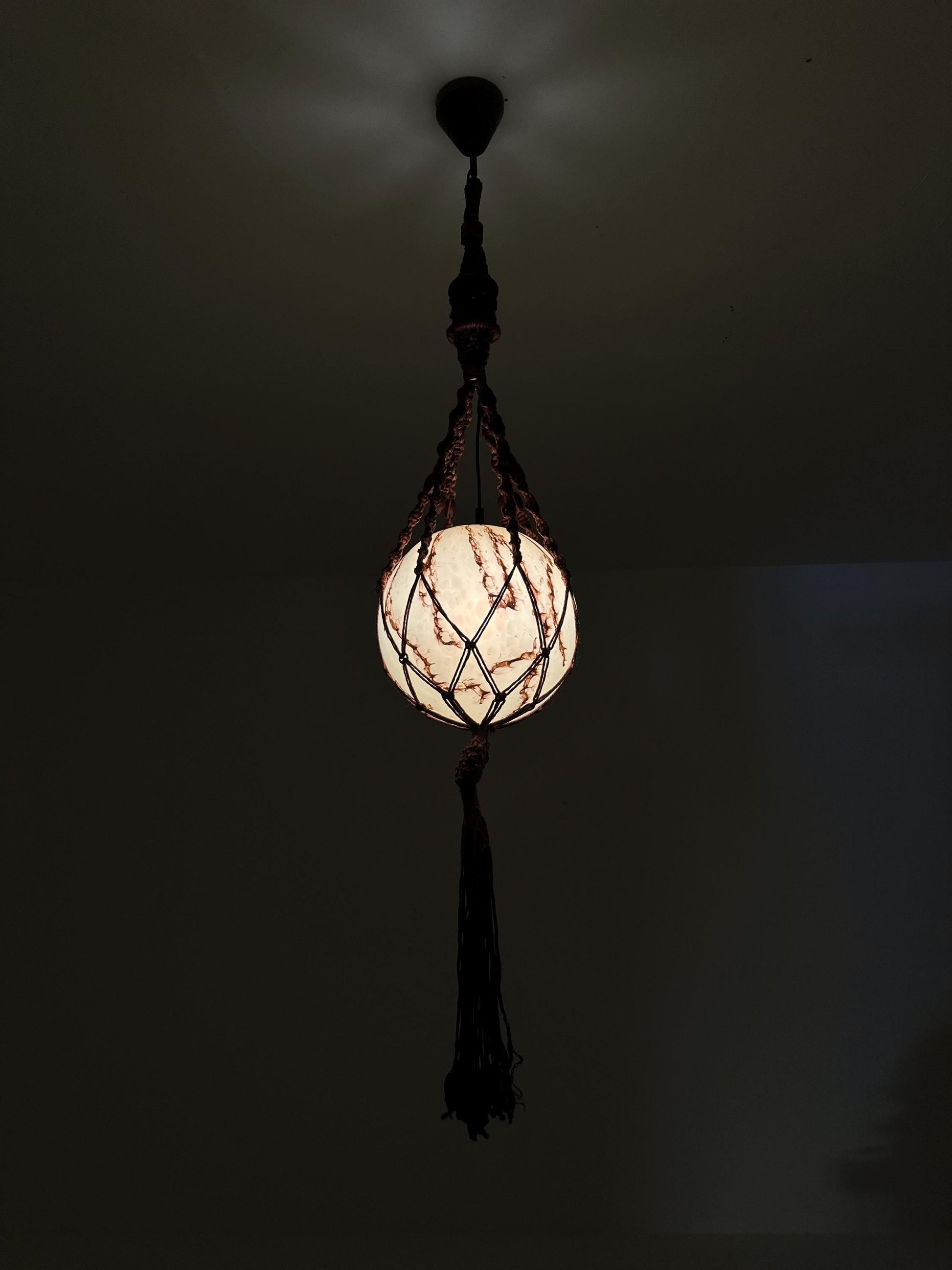 Mid century Handmade Woven Sisal & Glass Hanging Lamp – 1970s Germany