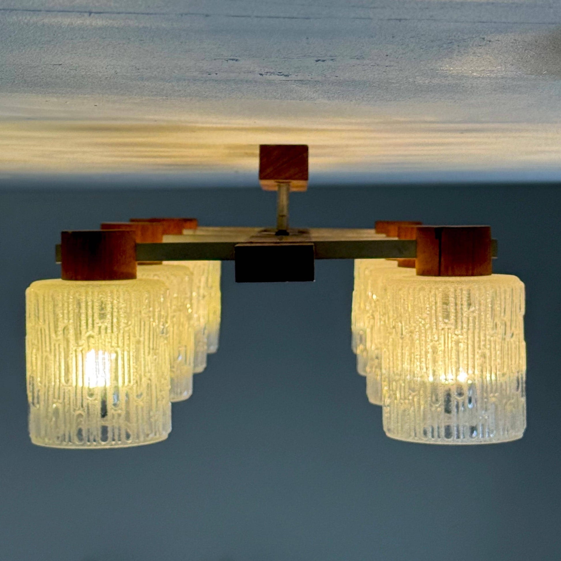 Mid century Scandinavian Ceiling Lamp with Teak Base & Textured Glass Shades, 1960s
