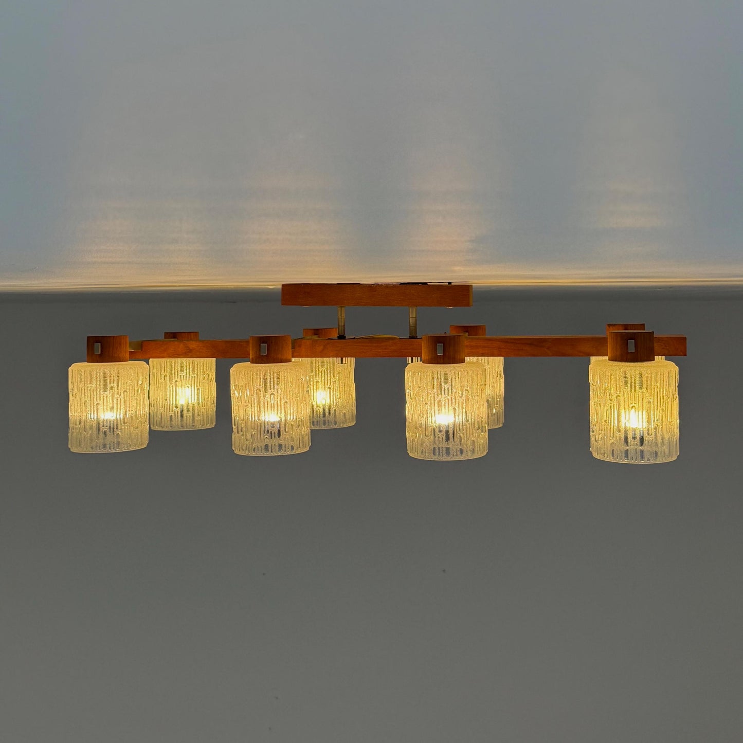 Mid century Scandinavian Ceiling Lamp with Teak Base & Textured Glass Shades, 1960s