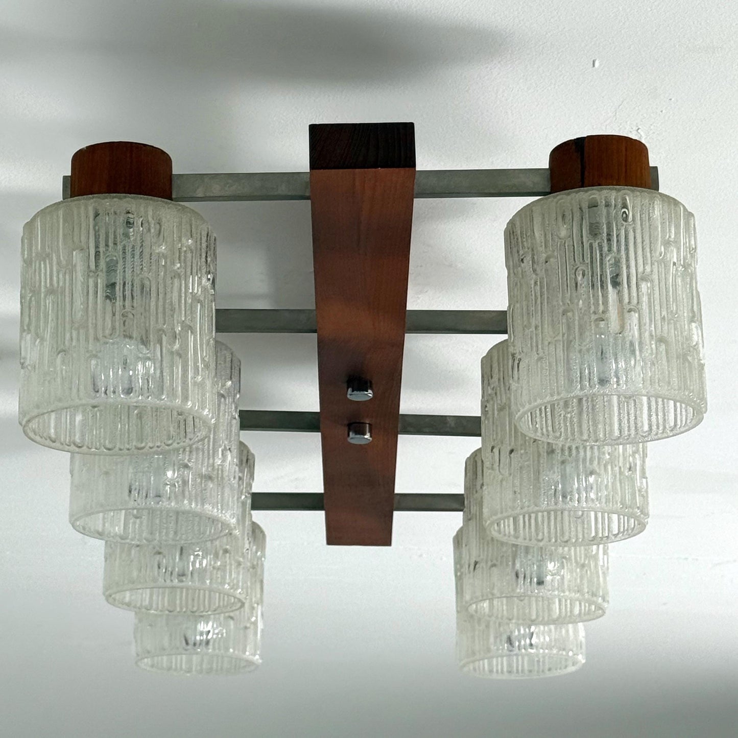 Mid century Scandinavian Ceiling Lamp with Teak Base & Textured Glass Shades, 1960s