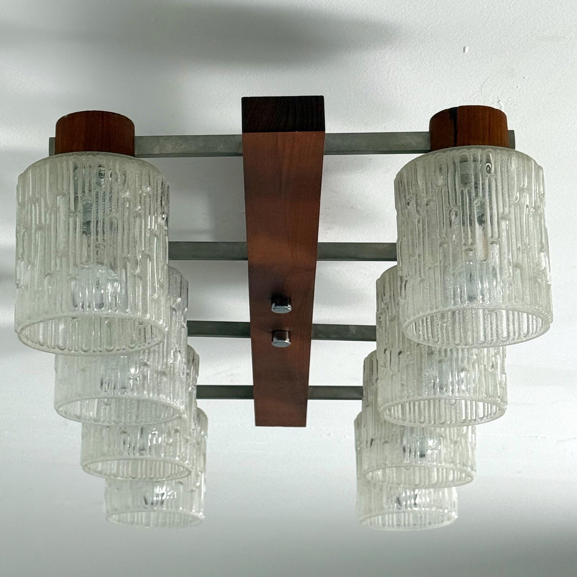 Mid century Scandinavian Ceiling Lamp with Teak Base & Textured Glass Shades, 1960s