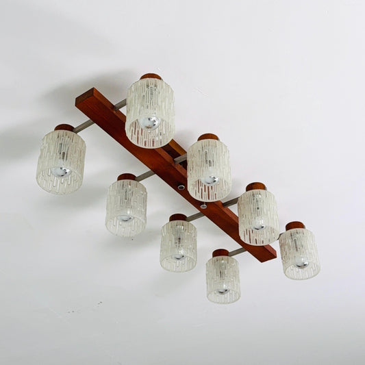 Mid century Scandinavian Ceiling Lamp with Teak Base & Textured Glass Shades, 1960s
