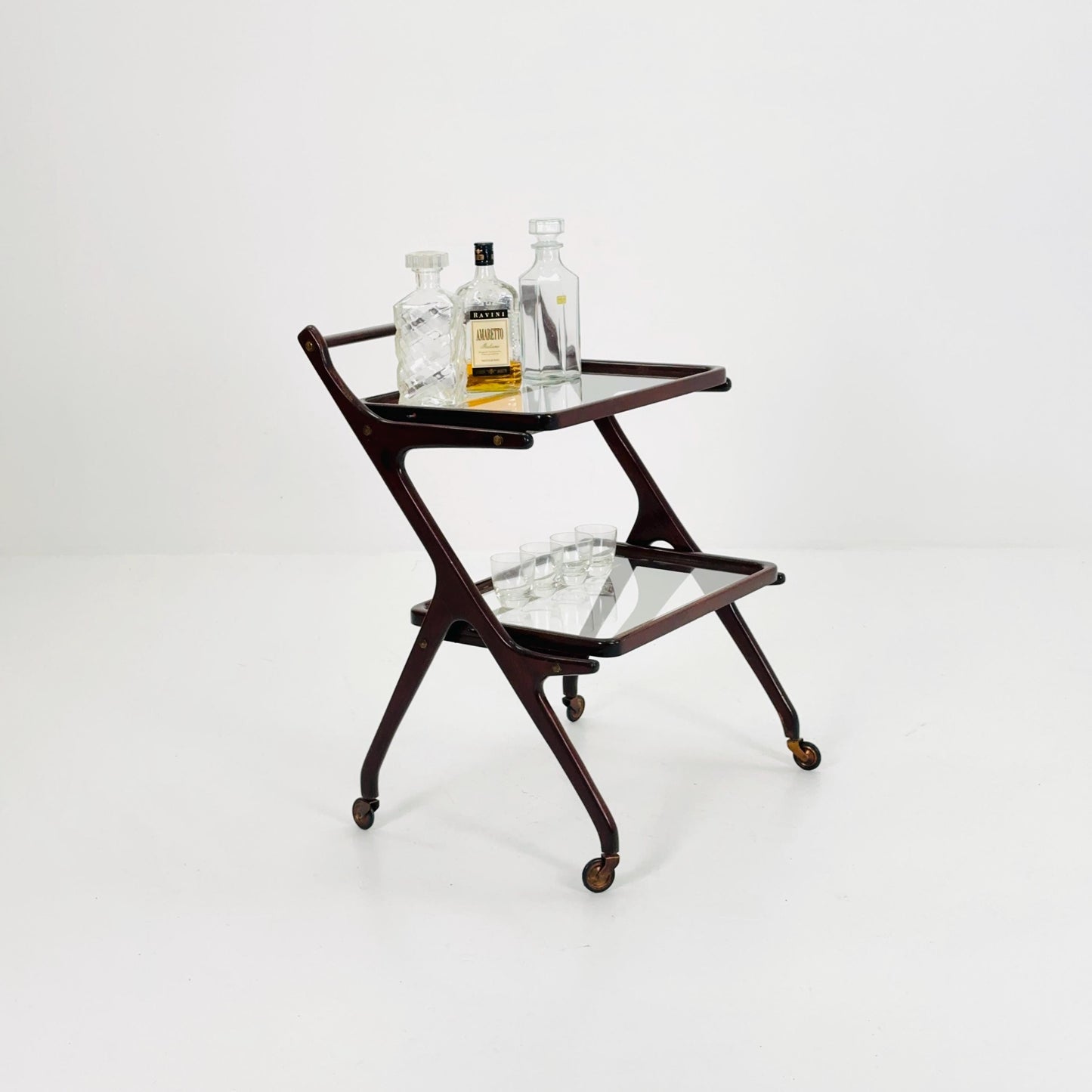 1950s Italian Mid-Century Serving Trolley – Wood & Glass, Attributed to Cesare Lacca