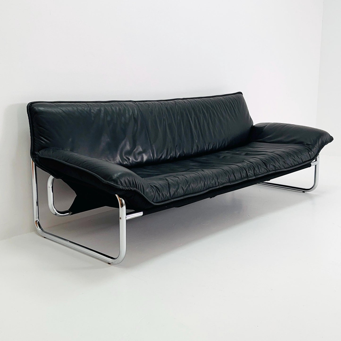 Mid century Black leather 3-seater sofa by Johan Bertil Häggström for Ikea 1980s Sweden