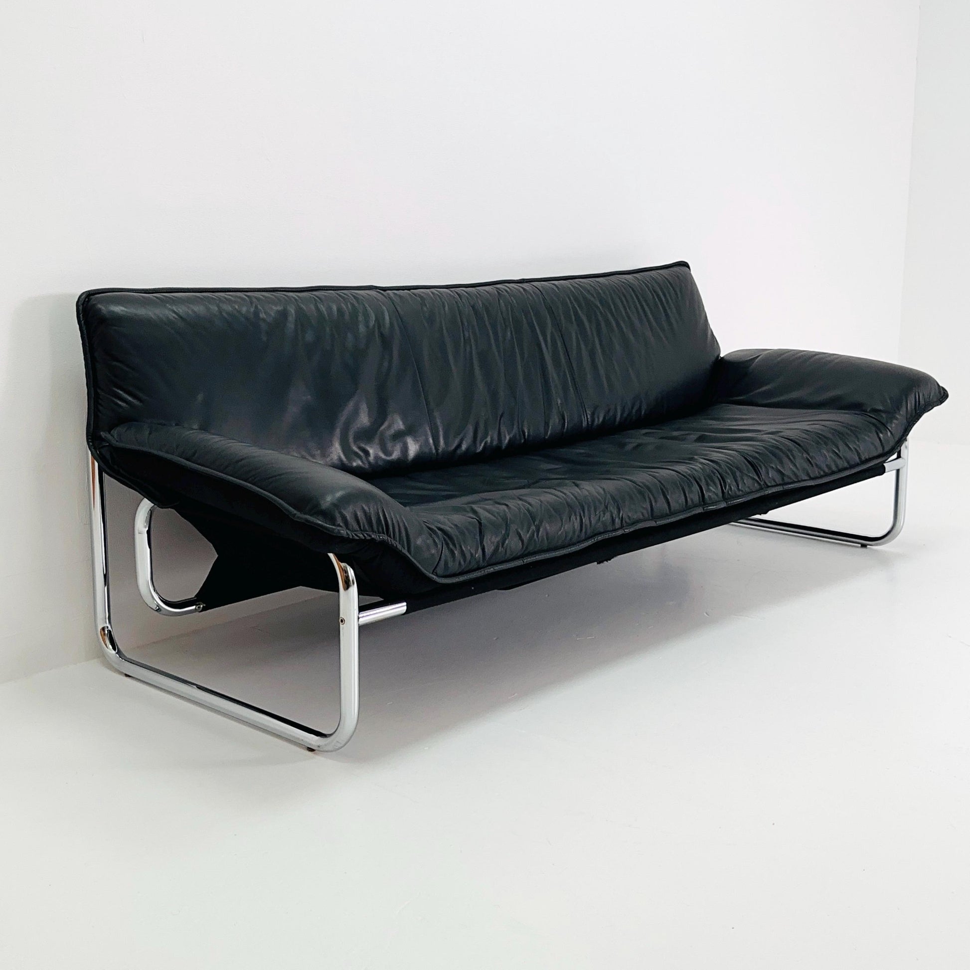 Mid century Black leather 3-seater sofa by Johan Bertil Häggström for Ikea 1980s Sweden