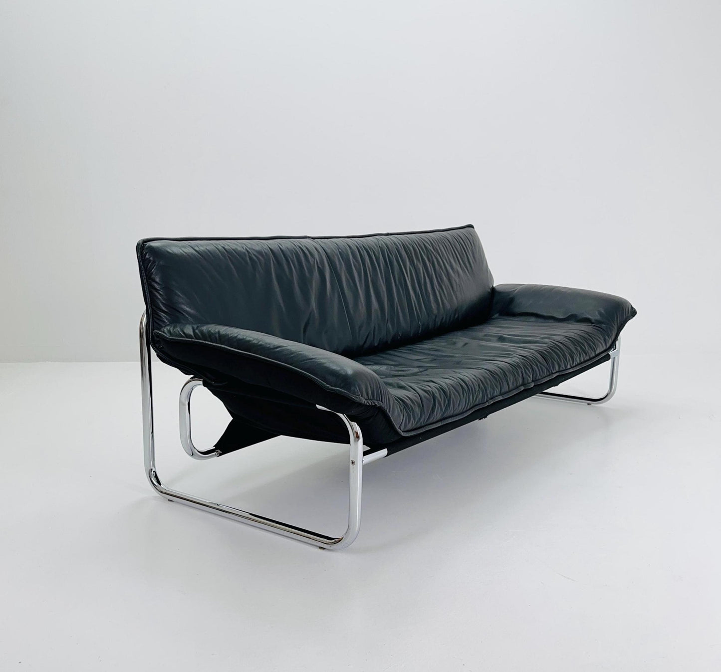 Mid century Black leather 3-seater sofa by Johan Bertil Häggström for Ikea 1980s Sweden