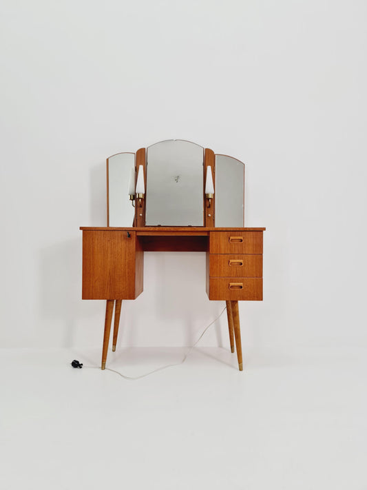 Mid Century Modern Danish Teak vanity table with stool make up table by Fröseke for AB nybrofabriken, 1960s