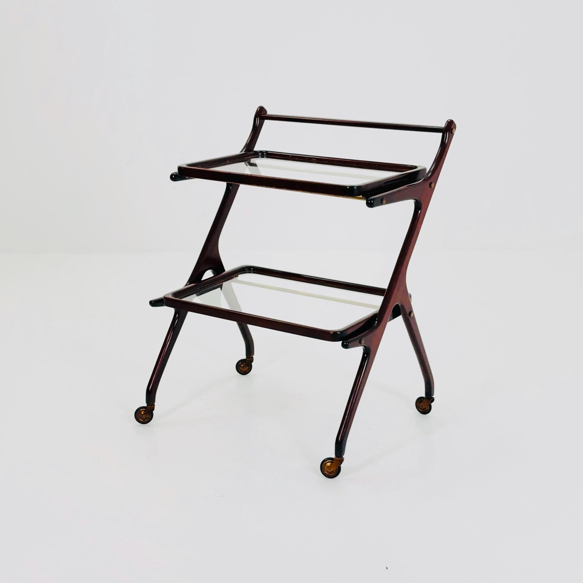 Mid-Century Italian Bar Cart by Cesare Lacca – Walnut & Brass Trolley with Removable Glass Trays, 1950s ltaly