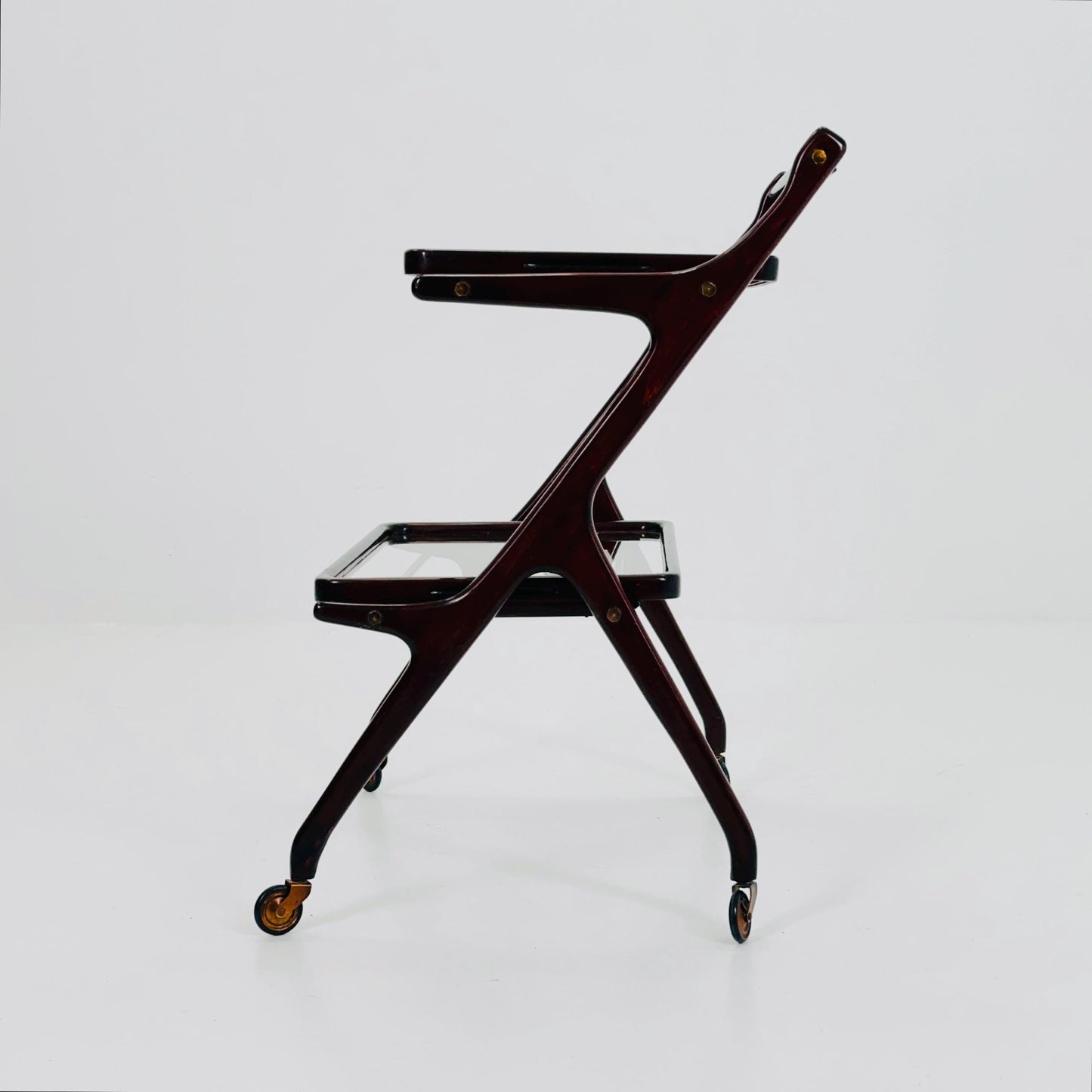 Mid-Century Italian Bar Cart by Cesare Lacca – Walnut & Brass Trolley with Removable Glass Trays, 1950s ltaly