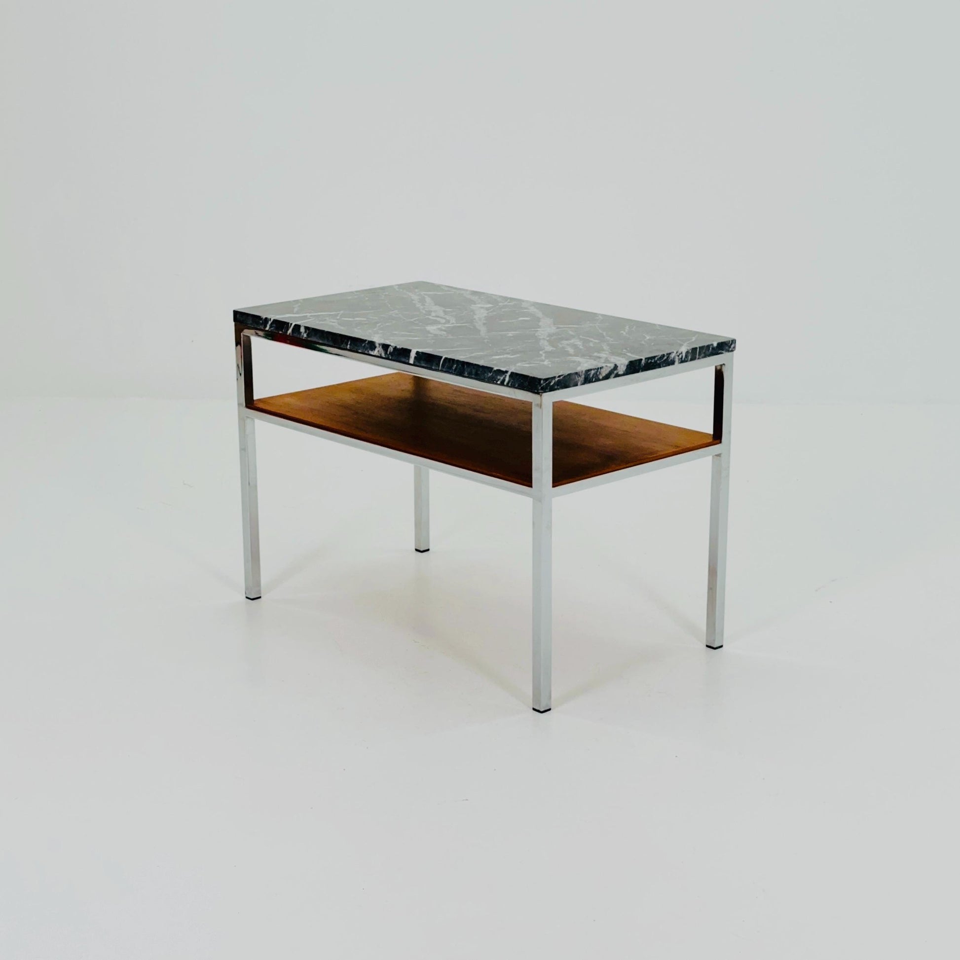 Mid-Century Bauhaus Marble Side Table by Adolf Pantle – Chrome & Teak Shelf, 1980s Germany