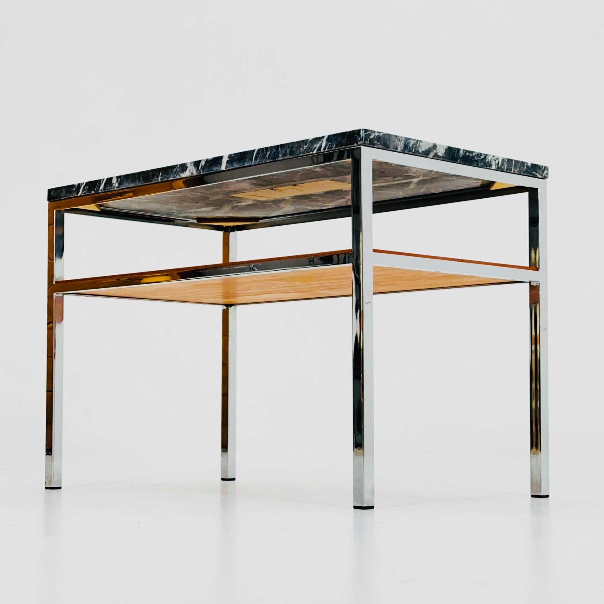Mid-Century Bauhaus Marble Side Table by Adolf Pantle – Chrome & Teak Shelf, 1980s Germany