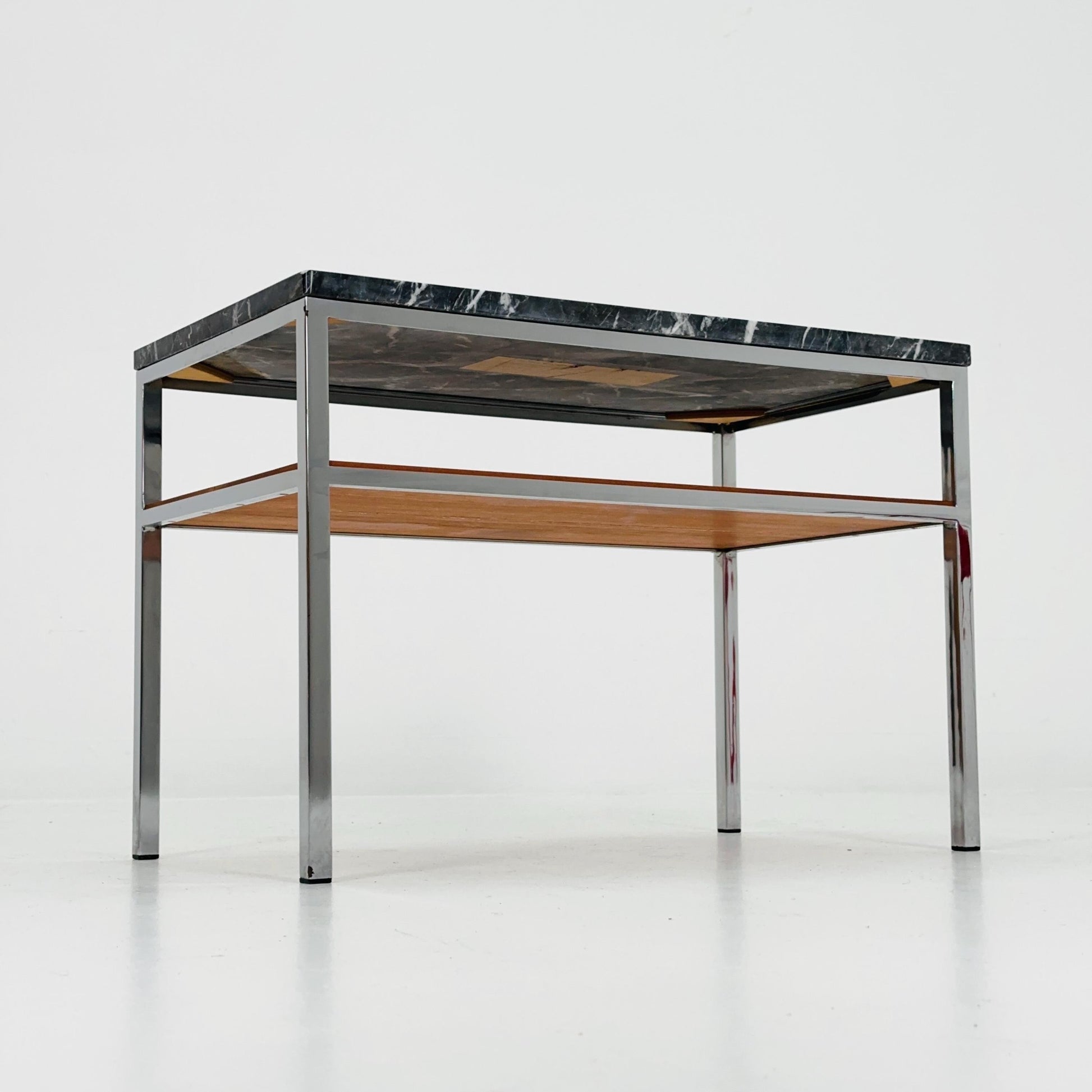 Mid-Century Bauhaus Marble Side Table by Adolf Pantle – Chrome & Teak Shelf, 1980s Germany
