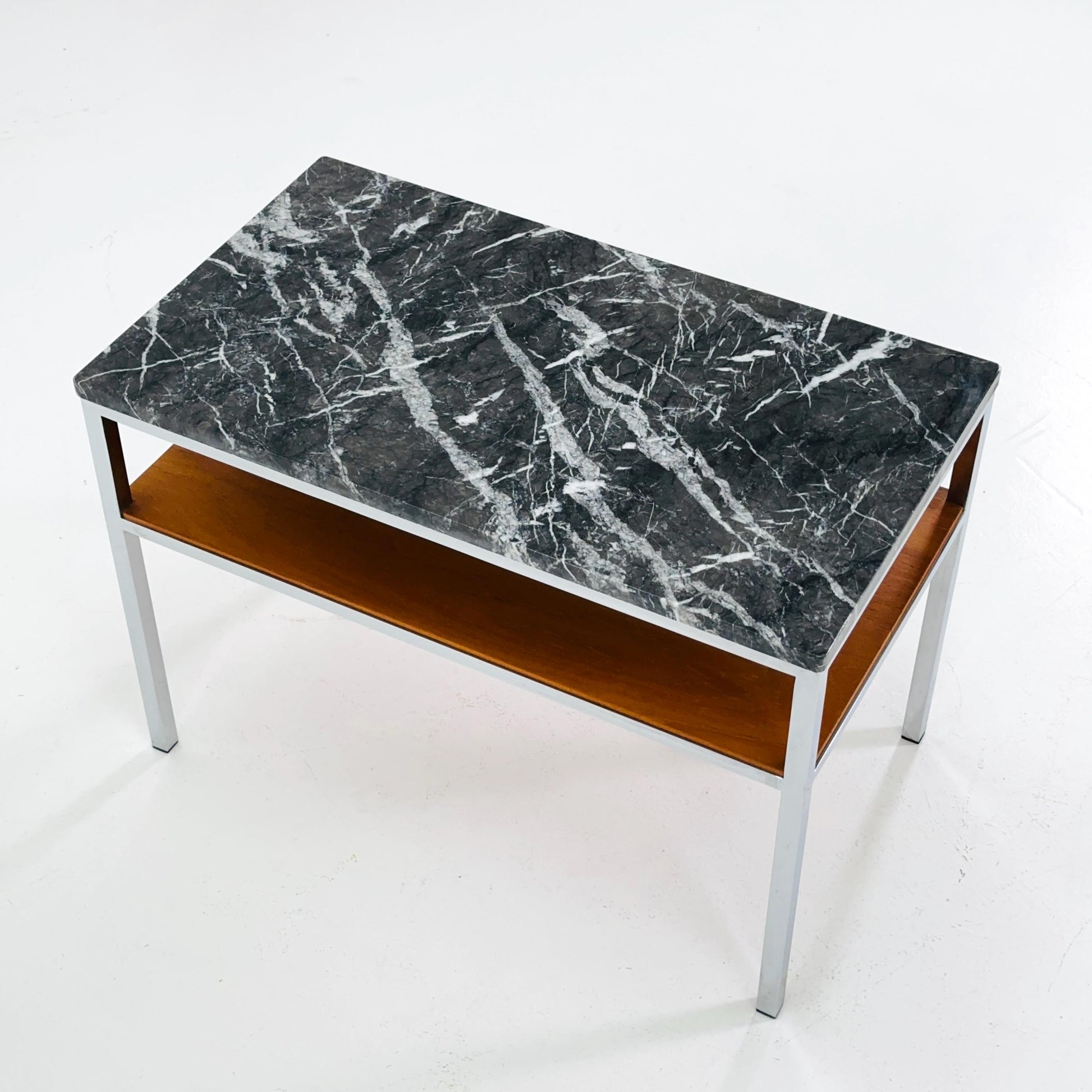 Mid-Century Bauhaus Marble Side Table by Adolf Pantle – Chrome & Teak Shelf, 1980s Germany