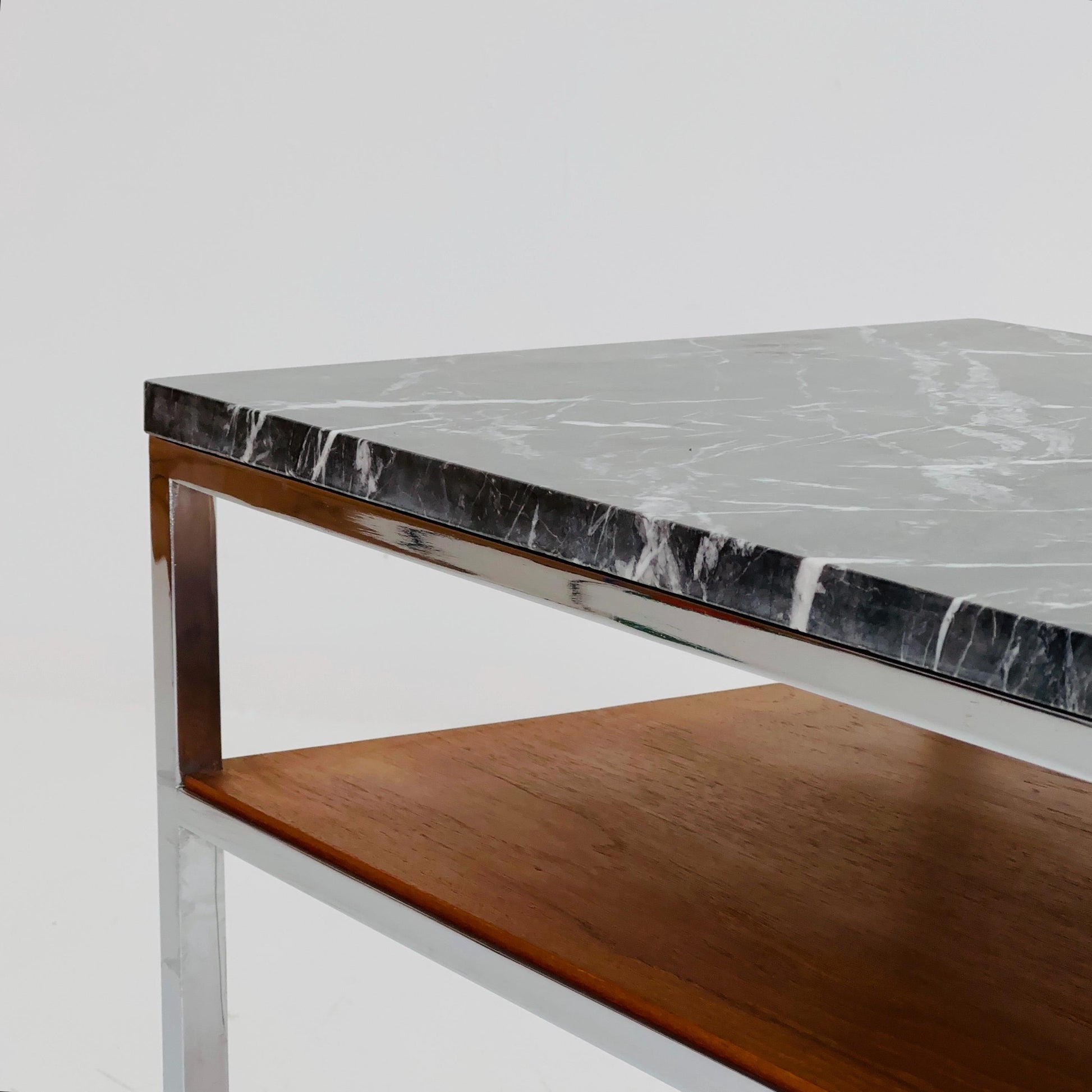 Mid-Century Bauhaus Marble Side Table by Adolf Pantle – Chrome & Teak Shelf, 1980s Germany