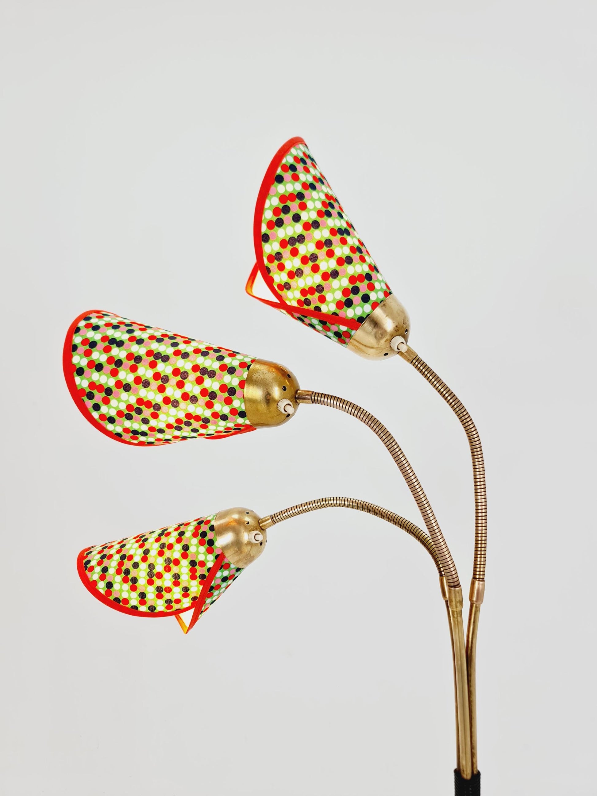 German Modern Colorful three flex arms brass floor lamp, tütenlampe, 1950s