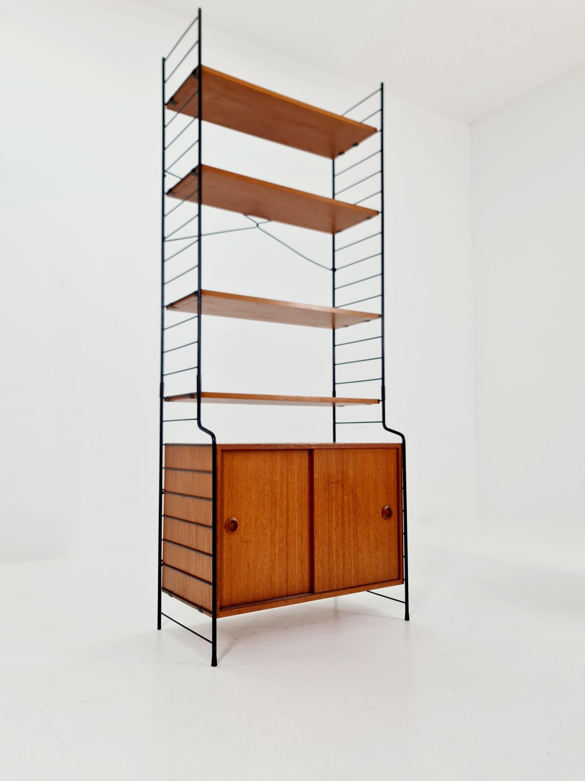 Free standing String shelf-system, bookcase with cabinet teak by WHB Germany, 1950s