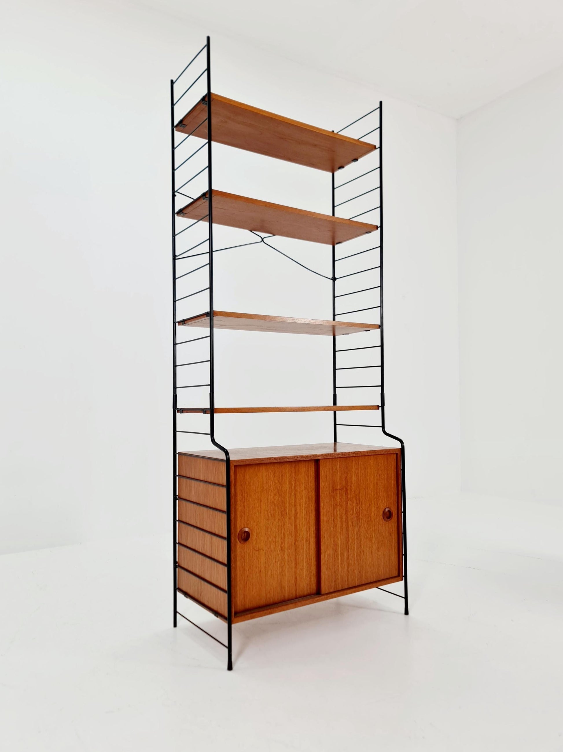 Free standing String shelf-system, bookcase with cabinet teak by WHB Germany, 1950s