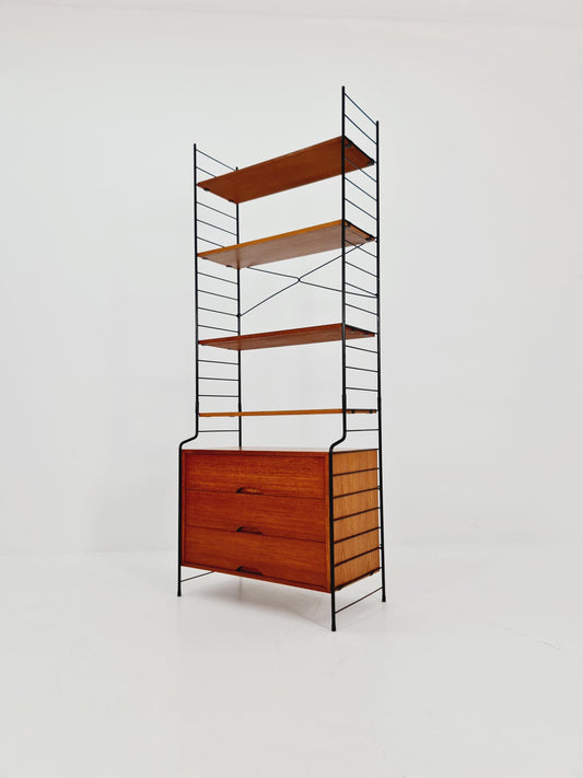 Free standing String shelf-system, bookcase with cabinet teak by WHB Germany, 1950s