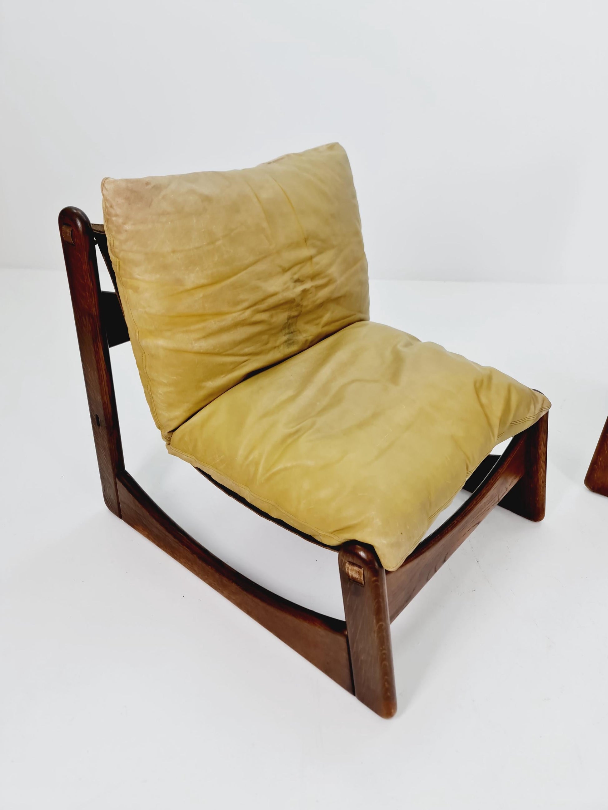 1 of 2 mid century armchairs in leather and wood By Straub Germany , 1960s